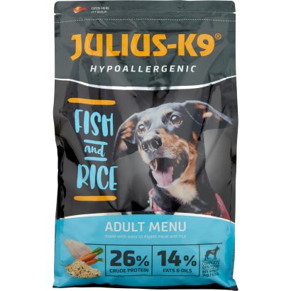Julius-K9 Hypoallergenic Adult Menu teljes értékű kutyaeledel hallal és rizzsel 3 kg