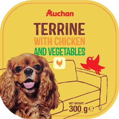Auchan Kedvenc teljes értékű állateledel felnőtt kutyák számára zöldséges csirkével 300 g