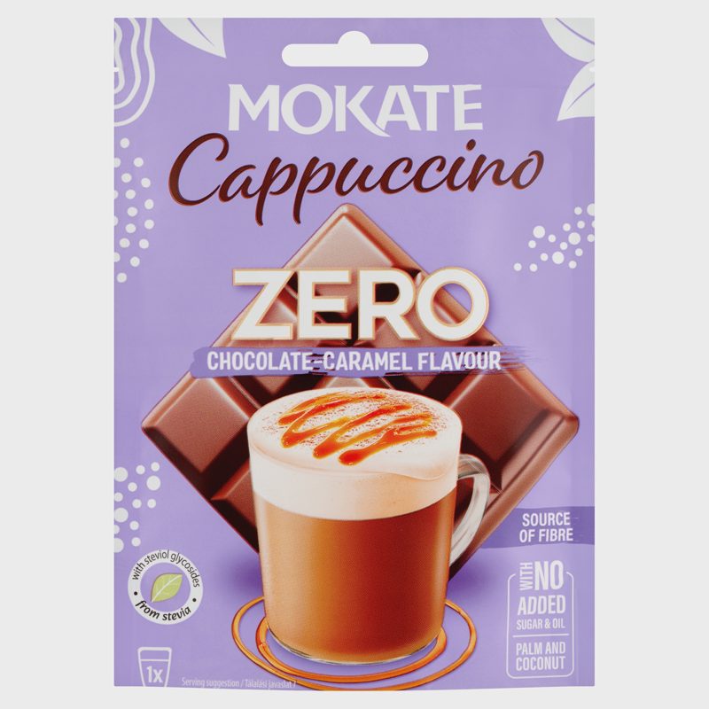Mokate Cappuccino Zero csokoládé és karamell ízesítésű instant kávéitalpor 20 g
