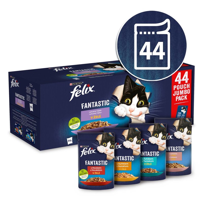 Felix Fantastic kapsičky pro kočky hovězí, kuře, losos, tuňák v želé 44 x 85g