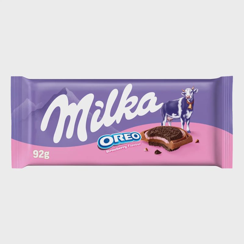 Pieninis šokolad. MILKA OREO STRAWBERRY, 92 g
