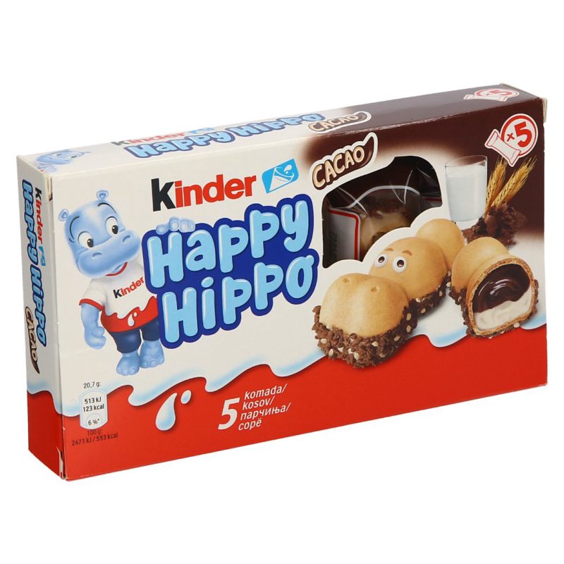 Kinder Happy Hippo Cacao kakaós és tejes krémmel töltött ropogós ostya 5 x 20,7 g (103,5 g)