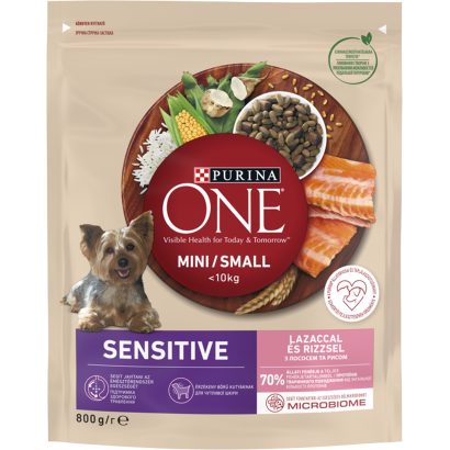 Purina One Mini Sensitive teljes értékű állateledel felnőtt kutyák számára lazaccal és rizzsel 800 g