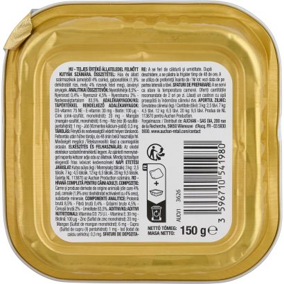 Auchan Kedvenc teljes értékű állateledel felnőtt kutyák számára rizses csirkével 150 g
