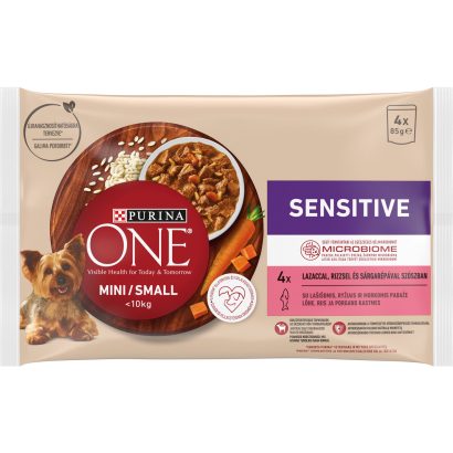 Purina One Mini Sensitive lazaccal nedves kutyaeledel 4 x 85 g (340 g)