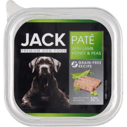 Jack premium pástétom bárányhússal, vesével és zöldborsóval kutyáknak 150 g