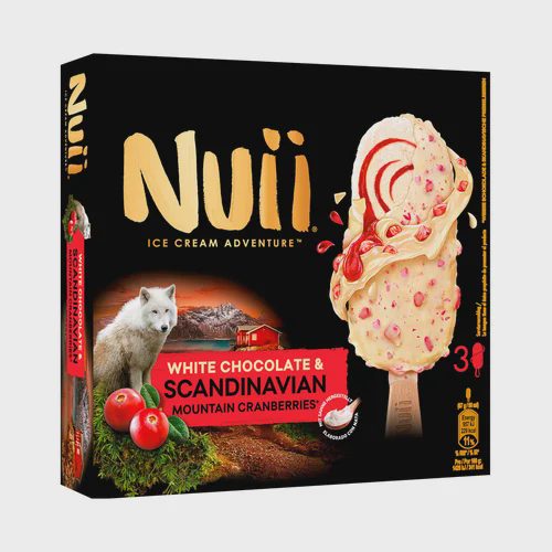 NUII Bombón de helado crema queso mascarpone con salsa de arándanos de las montañas escandinavas y chocolate blanco 3 x 90 ml.