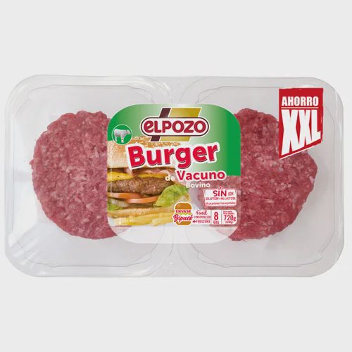 Bandeja con burger meat de vacuno, elaboradas sin gluten ni lactosa EL POZO 8 x 90 g.