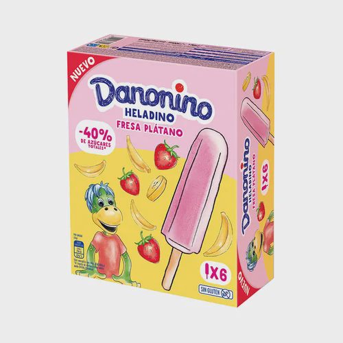 DANONINO Heladino polos de leche con queso y sabor a fresa y plátano 6 x 50 ml.
