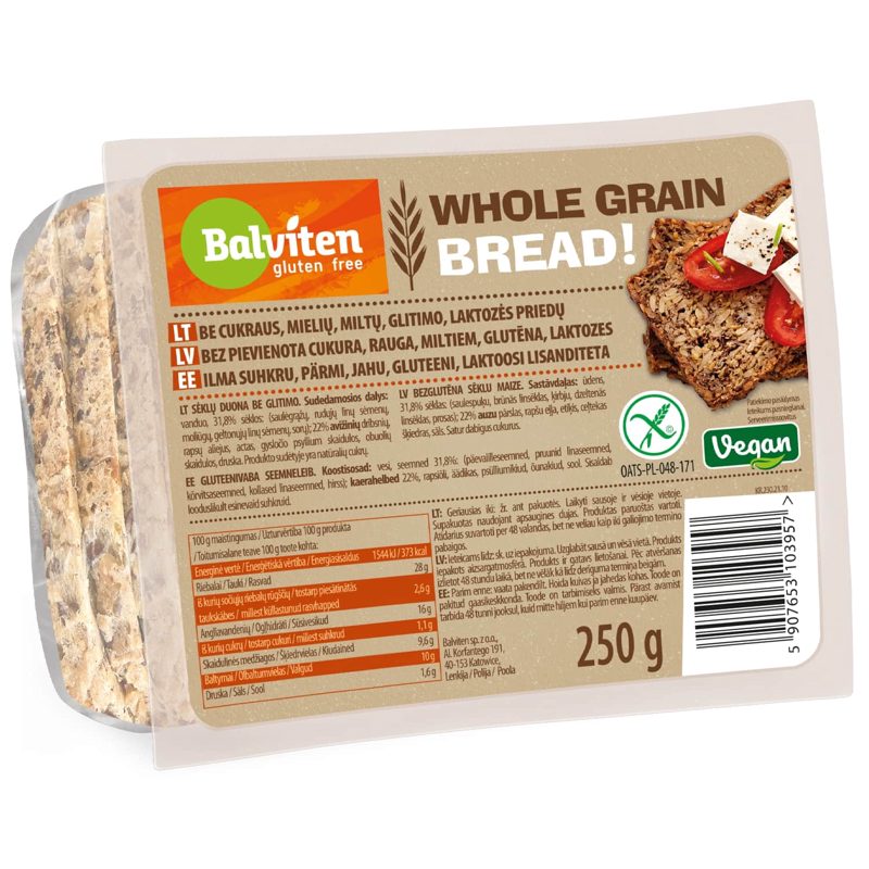 Viso grūdo dalių duona BALVITEN, 250 g