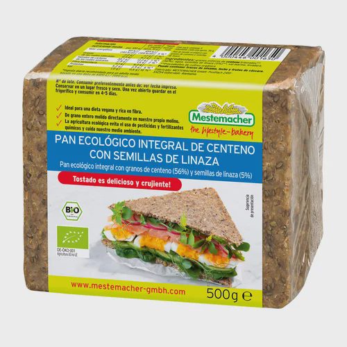 MESTEMACHER Pan ecológico integral de centeno con semillas de linaza 500 g.