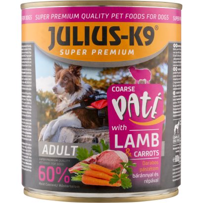 Julius-K9 darabos pástétom báránnyal és répával teljes értékű eledel kutyáknak 800 g