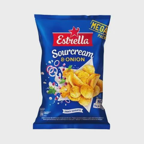 Crinkle cut potato chips with the taste of sourcream and onion
