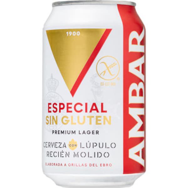AMBAR cerveza rubia especial tipo Lager Sin Gluten botella 33 cl