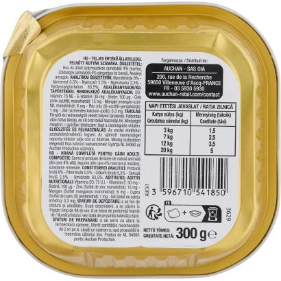 Auchan Kedvenc teljes értékű állateledel felnőtt kutyák számára zöldséges marhával 300 g