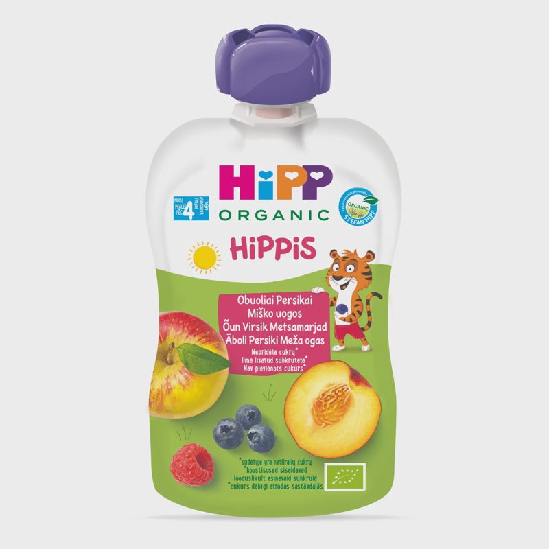 Ekol. obuol. banan. uogų tyrelė HIPP, 100 g