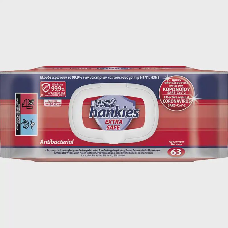 Wet Hankies Υγρά Μαντηλάκια Αντιβακτηριδιακά Extra Safe 63τεμ.