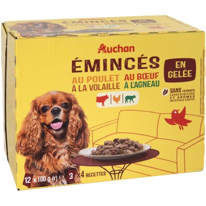 Auchan Teljes értékű alutasakos kutyaeledel aszpikban (csirke, marha, baromfi, bárány) 12x100 g