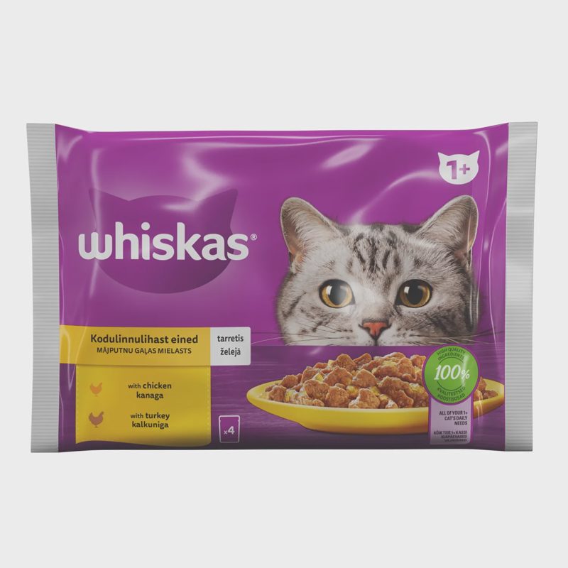 Kačių ėdalas WHISKAS su paukštiena, 4 x 85 g