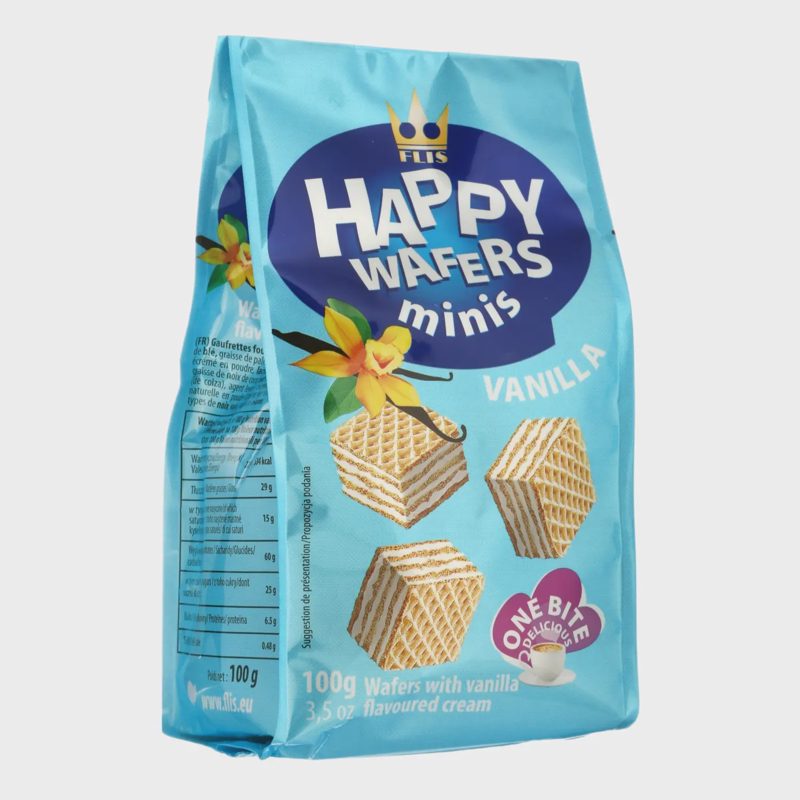 Vafliai su vanilės skonio įdaru HAPPY, 100 g